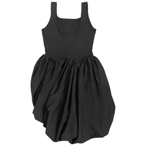 Detail of black sleeveless mini dress featuring a ribbed bodice and voluminous pleated skirt