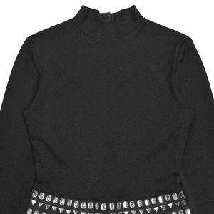 Detail view of mock neck bodysuit with rhinestone waist and back zipper