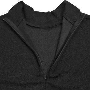 Detail of a chic black stand collar top featuring a sleek metal zipper and sparkly knit fabric