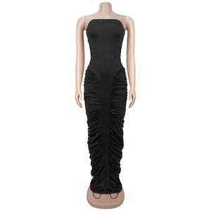 Close-up of ruched side detailing on a black tube-style bodycon maxi dress for women