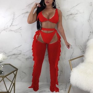 Three-piece sexy red mesh set with bikini top and beaded ruffle trousers for party
