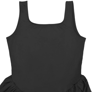 Detailed view of black sleeveless dress with square neckline and ruffled skirt texture