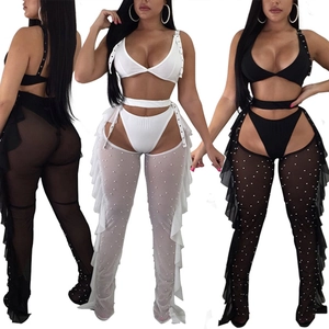 Three-piece mesh set with bikini top and pearl embellished ruffle trousers for women