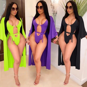 Maillot de Bain Une Pièce Ajouré Sexy pour Femme Top And Bottom Avec Cardigan Long en Polyester Spandex Couleur Unie pour Vacances