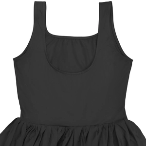 Detailed view of black sleeveless dress with deep U-neckline and side ruching detail