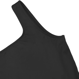 Detail of a black one-shoulder dress showing high-elastic fabric and fine stitching