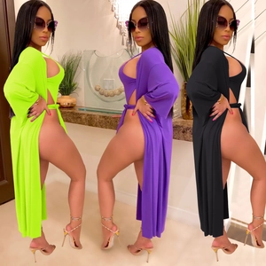 Ensemble bikini 3 pièces avec long cardigan en vert fluo violet et noir pour femmes