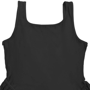 Detail of black sleeveless dress featuring wide straps, deep round neck and elastic fabric