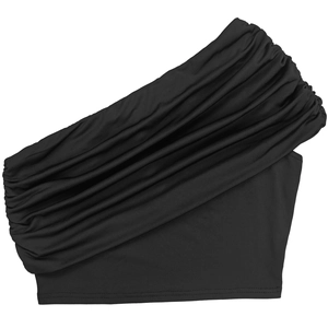 Détail d'un haut court noir à une épaule avec des plis horizontaux et un tissu élastique