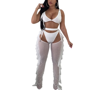 Three-piece white mesh bikini set for women with pearl beads and ruffle detail