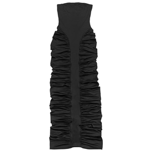 Detailed view of the side ruching texture on a sleek black strapless bodycon maxi dress