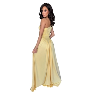 Detail view of the elegant light yellow one-shoulder dress with slimming pleated waist