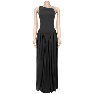 Detail view of the elegant one-shoulder black evening gown with pleated waist and floor length