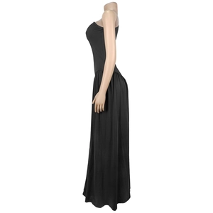 Side view of elegant black off-shoulder maxi dress with ruched bodice and draped skirt
