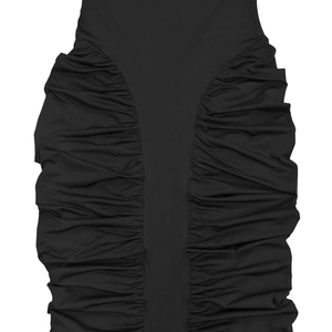 Close-up of ruched detailing on a black bodycon dress highlighting stretchy knit fabric