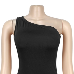 Detail of black one shoulder ribbed knit bodycon top showing texture and cut