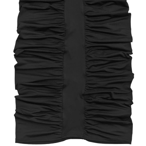 Detailed close-up of symmetrical horizontal ruching on a sleek black bodycon dress