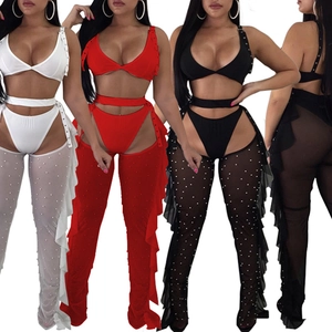 Women Sexy Halter Neck Bikini Top With Matching Bottom And Beaded Mesh Ruffle Pants Elegant Party Clubwear Fashion Outfit
