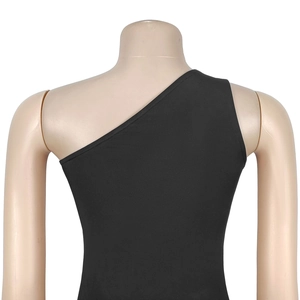 Detailed back view of a slim-fit black one-shoulder dress with elastic fabric on a mannequin