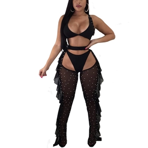 Three-piece black sexy set with mesh beaded pants and ruffles for women party wear
