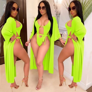 Monokini vert néon trois pièces avec découpe en V et cardigan long assorti pour femmes