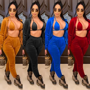Survêtement en Velours pour Femmes Veste à Capuche et Fermeture Éclair Haut de Bikini et Pantalon de Jogging Coupe Slim Hiver