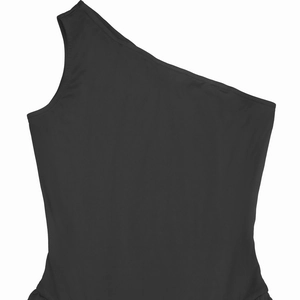 Detail view of black one-shoulder sleeveless top with smooth fabric and asymmetrical cut