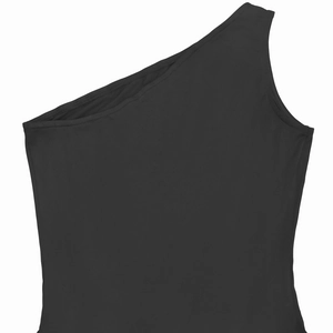 Detailed view of black one-shoulder slim fit top with smooth stretch fabric texture