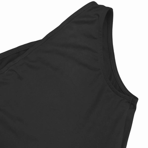 Detail shot of the black one-shoulder dress showing high-quality stitching and fabric texture