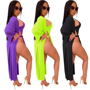 Ensemble de plage 3 pièces avec maillot de bain et cardigan long fendu en plusieurs coloris