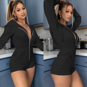 Slim fit black hooded romper with front zipper closure for casual daily wear