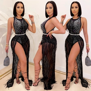 Women Sexy Nightclub Halter Rhinestone Tassel Mesh Bodysuit And Skirt Dress Elegant Black Sequin High Slit Maxi Party Dress