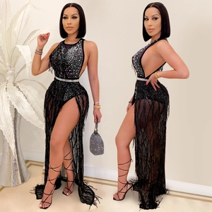 Elegant black sequined tassel halter neck evening dress with a high slit and open back