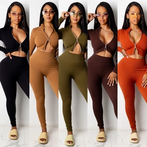 Dames Casual Geribbeld Gebreide Crop Top Met Rits En Hoge Taille Legging Slim Fit Outfits Sportieve Loungewear