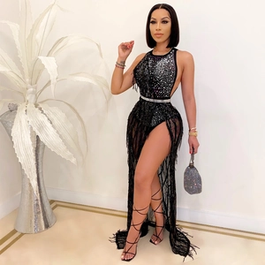 Elegant black sequin tassel dress with crystal rhinestone halter top and high slit
