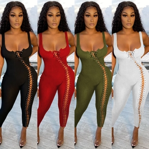 Combinaison Femme Sexy à Lacets Ajourée Sans Manches en Maille Côtelée Moulante Bodycon Longue pour Fête d'Été Clubwear