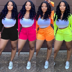 Detail view of women's 3-piece casual lounge set in four vibrant matching colors