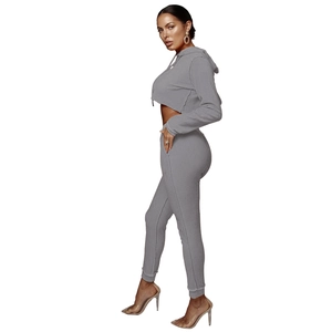 Vista laterale del completo sportivo grigio da donna con felpa corta e pantaloni jogger