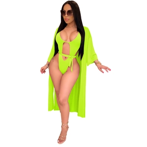 Ensemble de plage 3 pièces vert fluo avec monokini découpé et long gilet assorti