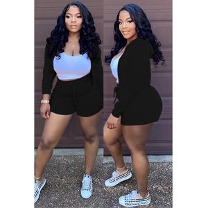 Three-piece casual set with black zip-up hoodie, high waist shorts and white crop top