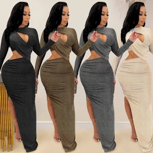 Abito Lungo Donna Sexy Glitter Metallizzato Cut-Out Elegante Manica Lunga Spacco Alto Slim Fit Arricciato Bodycon Festa Serale
