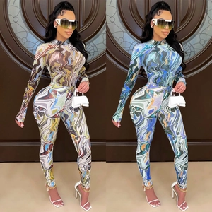 Ensemble Pantalon Femme Sexy Imprimé Marbre Maille Transparente Haut Col Rond Manches Longues Et Pantalon Taille Haute