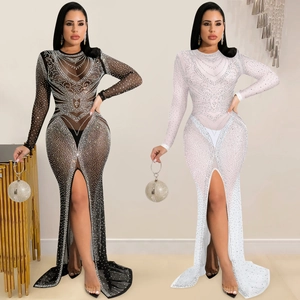 Robe Maxi Sexy en Maille Transparente avec Strass Manches Longues Élégante Fente Haute Soirée Nightclub Bodycon
