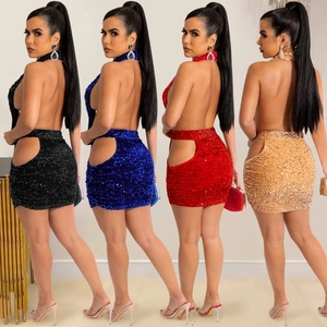 Detail of sequined halter neck dress with backless cut and side cut-outs in four colors