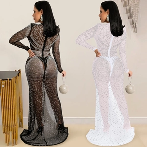 Détail de robe longue transparente en résille avec strass en noir et blanc brillant