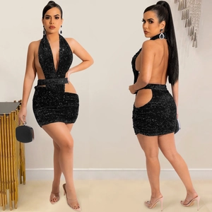 Chic black sequin halter neck mini dress with side cut-outs and open back design