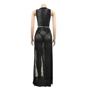 Detailed back view of sexy black evening dress with rhinestones and fringe mesh tassels