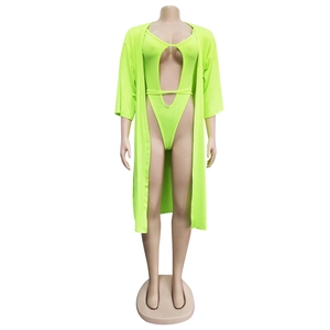 Ensemble de plage vert néon avec body ajouré et long cardigan ouvert pour femmes