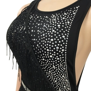 Detail of silver rhinestones and long black fringe on a mesh nightclub dress