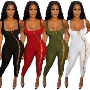 Combinaison côtelée sexy pour femmes avec laçage latéral en quatre couleurs variées